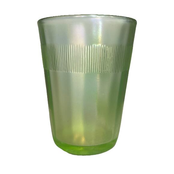 Antique Fenton Carnival Green Vaseline Glass Painted Daisy Flower Tumbler Cup 4” - Picture 5 of 9